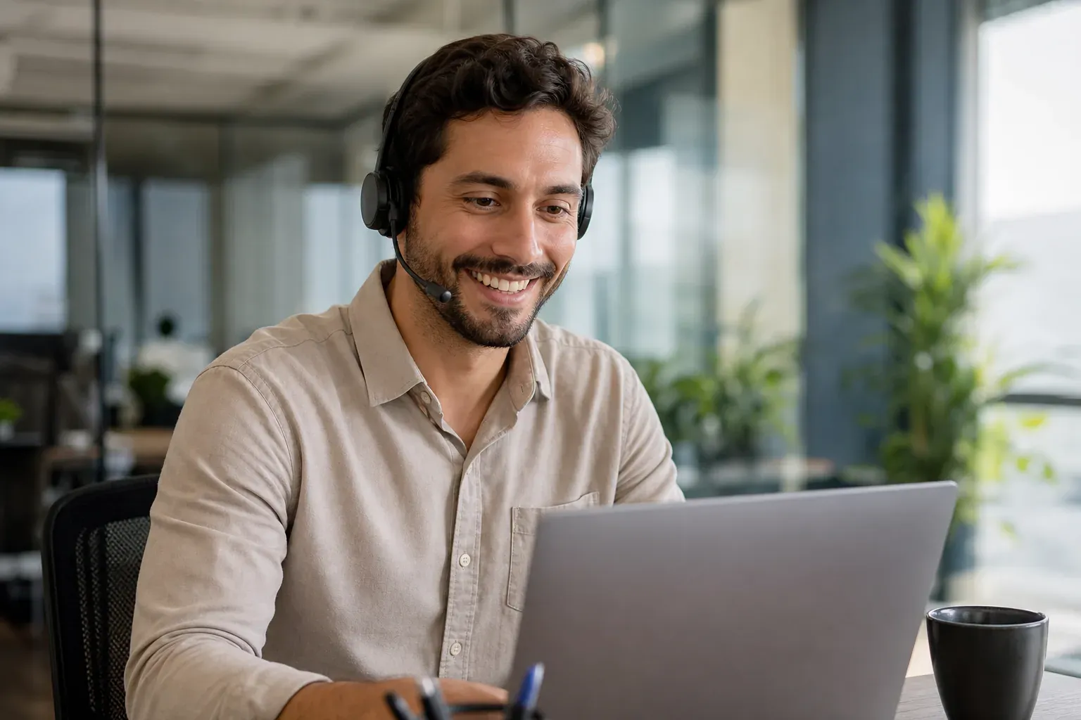 Atendente sorrindo durante conversa com cliente em vídeo