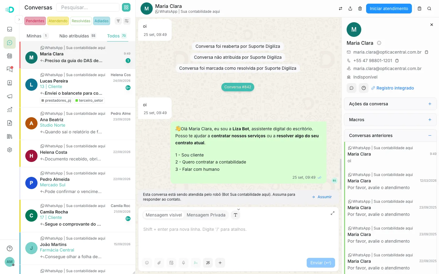 Conversa no Digiliza Chat com a mensagem da Liza Bot e o contexto do cliente ao lado