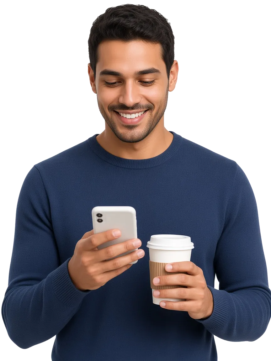 Homem olhando o celular, com um café na mão, enquanto acompanha o atendimento na Digiliza.