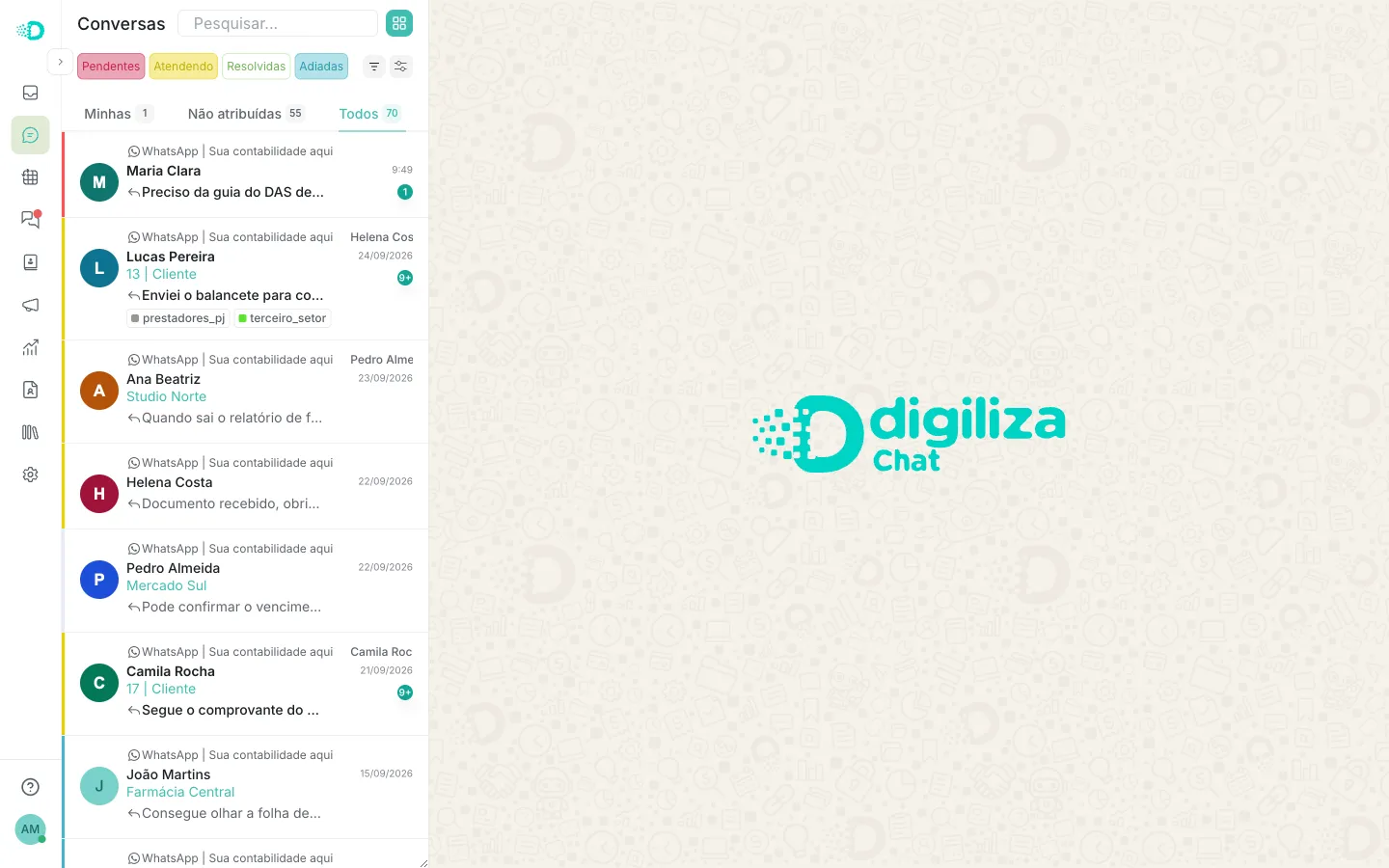 Caixa de entrada do Digiliza Chat com WhatsApp, status da fila e histórico por cliente