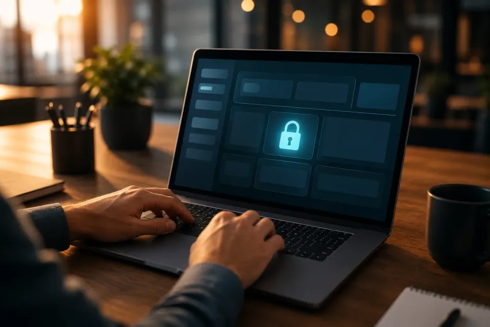 Portal do cliente aberto no notebook, com acesso protegido