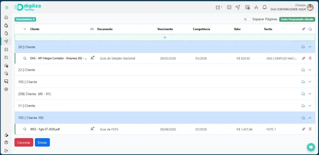 Envio de documentos no Digiliza Tarefas: guias agrupadas por cliente, com vencimento e valor à vista.