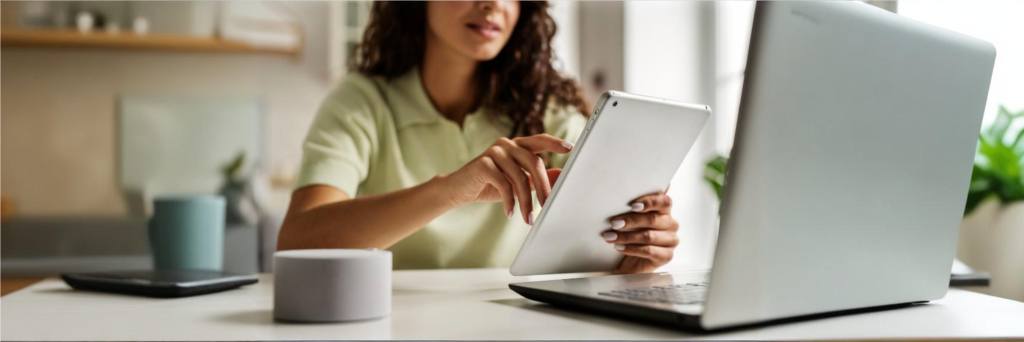 Jovem contadora utilizando de ferramentas digitais para a contabilidade digital