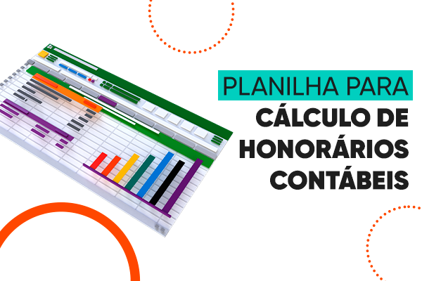 Imagem de planilha financeira com gráficos coloridos e texto sobre cálculo de honorários contábeis