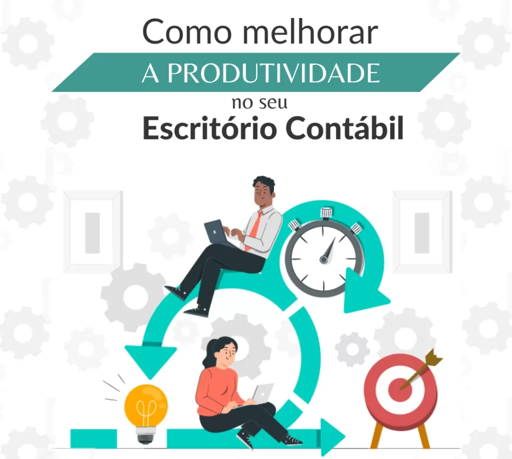 Ilustração sobre produtividade no escritório contábil com pessoas trabalhando, relógio, engrenagens e alvo de metas
