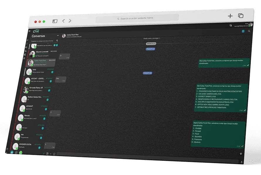 Tela do Digiliza Chat em modo escuro com lista de conversas e mensagens automatizadas