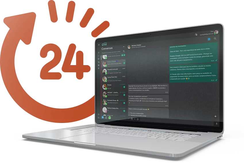Sistema Digiliza Chat exibido em notebook com atendimento contínuo 24 horas