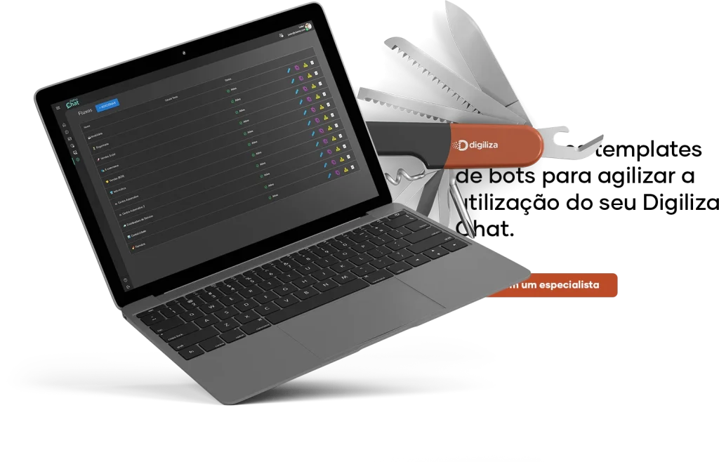 Plataforma Digiliza Chat exibindo fluxos e automações com múltiplas funcionalidades integradas