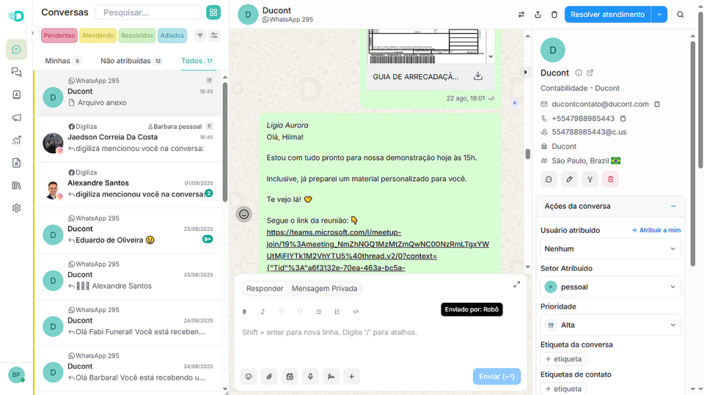 Tela de atendimento do Digiliza Chat com conversas organizadas por status, usuário e prioridade