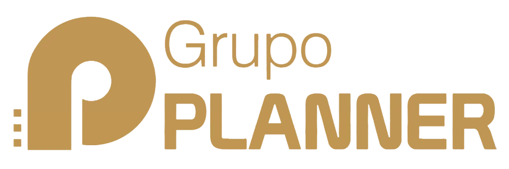 Logotipo do Grupo Planner em tons dourados aplicado sobre fundo escuro.
