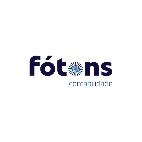 Logotipo da Fótons Contabilidade em tons de azul com símbolo gráfico central em fundo escuro.