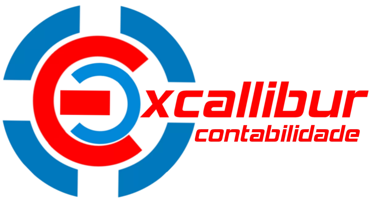 Logotipo da Excalibur Contabilidade em vermelho e azul com símbolo contábil circular.
