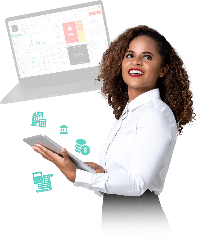 Mulher utilizando tablet com sistema Digiliza em destaque