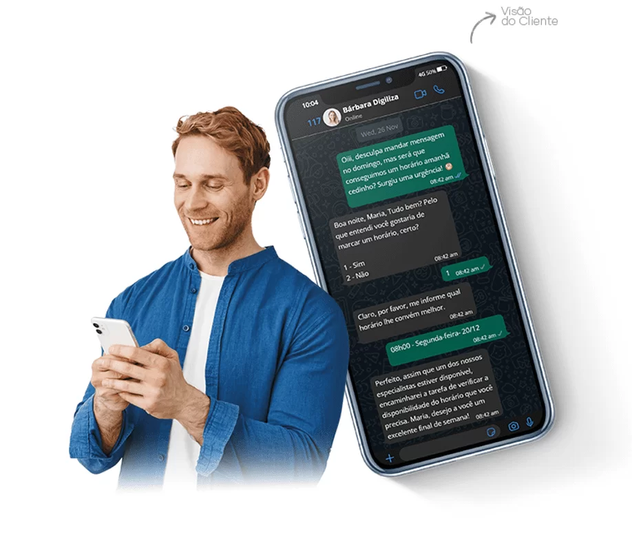 Cliente interagindo com atendimento via WhatsApp com respostas automatizadas