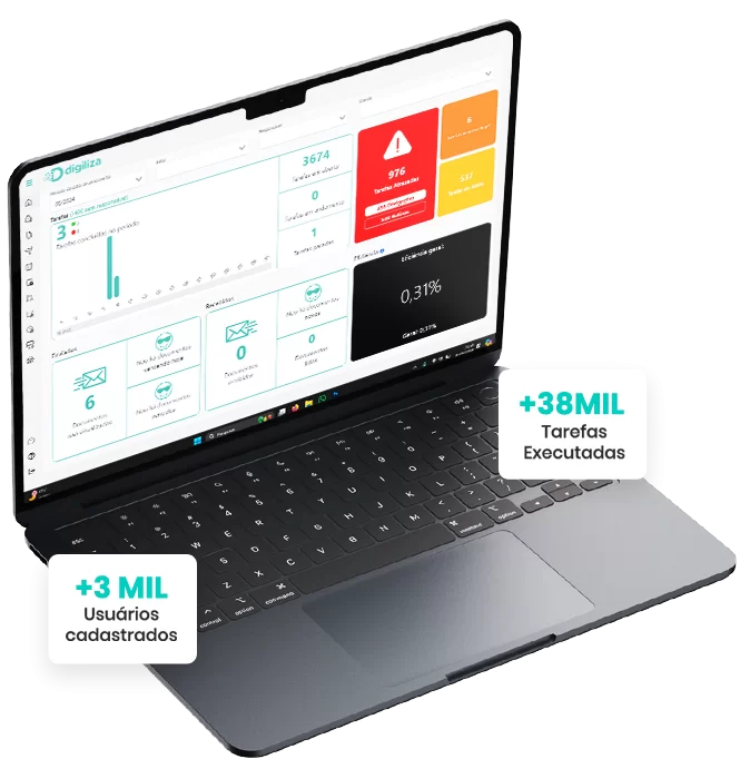 Dashboard do Digiliza exibindo indicadores de uso com milhões de tarefas executadas e usuários cadastrados