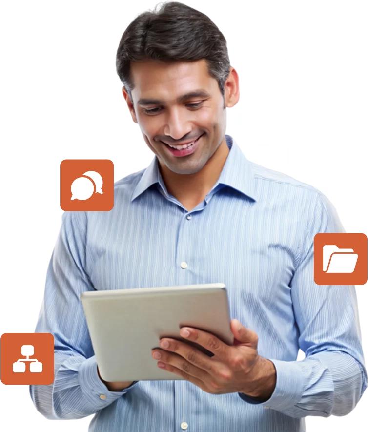 Profissional utilizando tablet para gerenciar comunicação, documentos e processos digitais