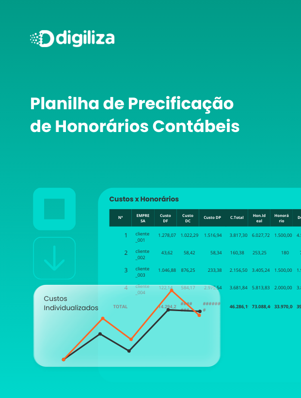 Planilha de precificação de honorários contábeis da Digiliza com gráficos e tabela de custos