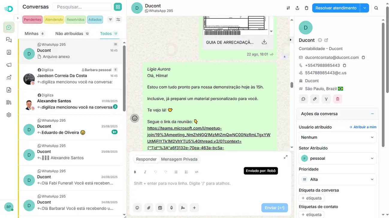 Tela de atendimento do Digiliza Chat com conversas organizadas por status, usuário e prioridade