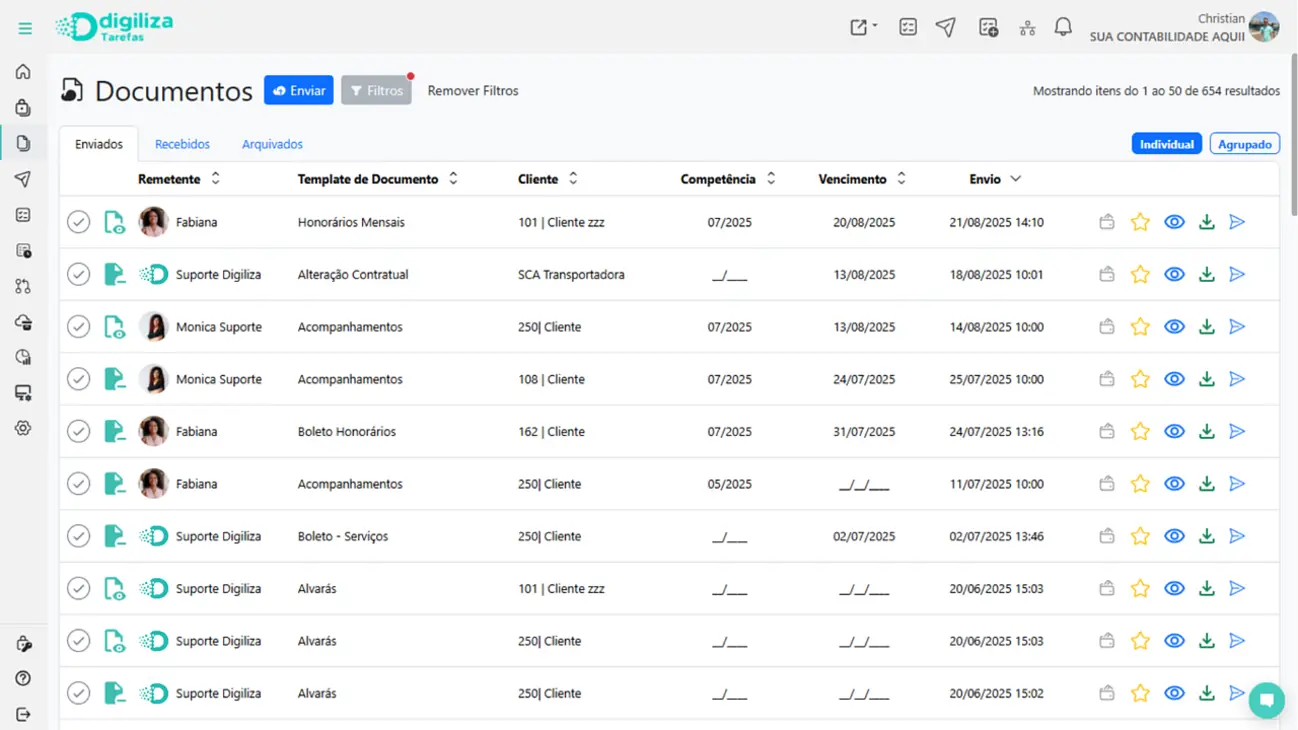 Tela de documentos do Digiliza Tarefas com envios, recebimentos e prazos organizados