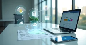 DANFE em mesa cercado por ícones de automação fiscal digital