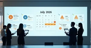 Painel digital com calendário fiscal de julho de 2026 e ícones de serviços tributários em destaque