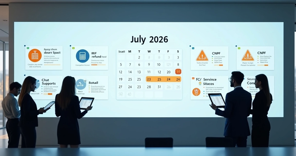 Painel digital com calendário fiscal de julho de 2026 e ícones de serviços tributários em destaque