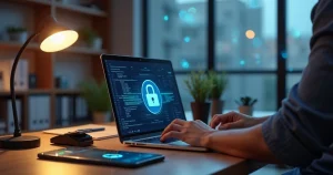 Contador em escritório usando certificado digital no computador