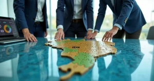 Empresários montando quebra-cabeça com símbolo de imposto sobre mapa do Brasil