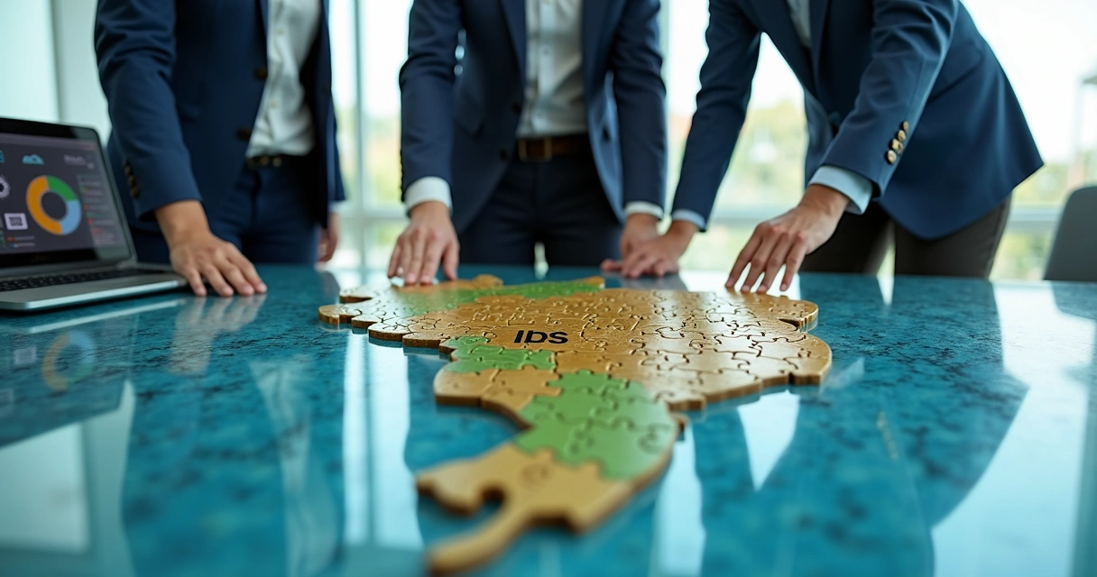 Empresários montando quebra-cabeça com símbolo de imposto sobre mapa do Brasil